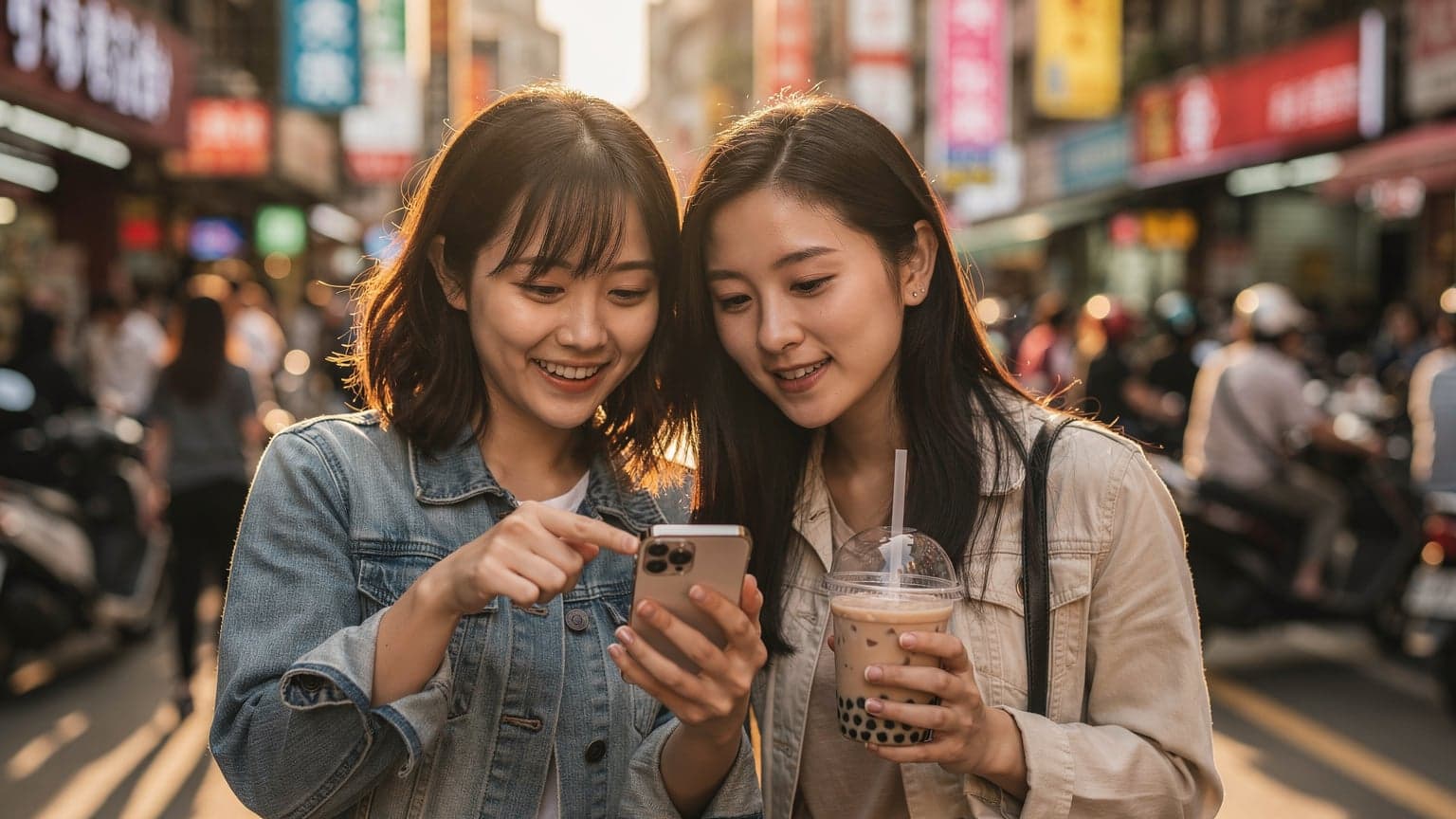 台北の活気ある西門町で、友人とスマートフォンを見ながら次の目的地を相談している日本人旅行者の女性二人。