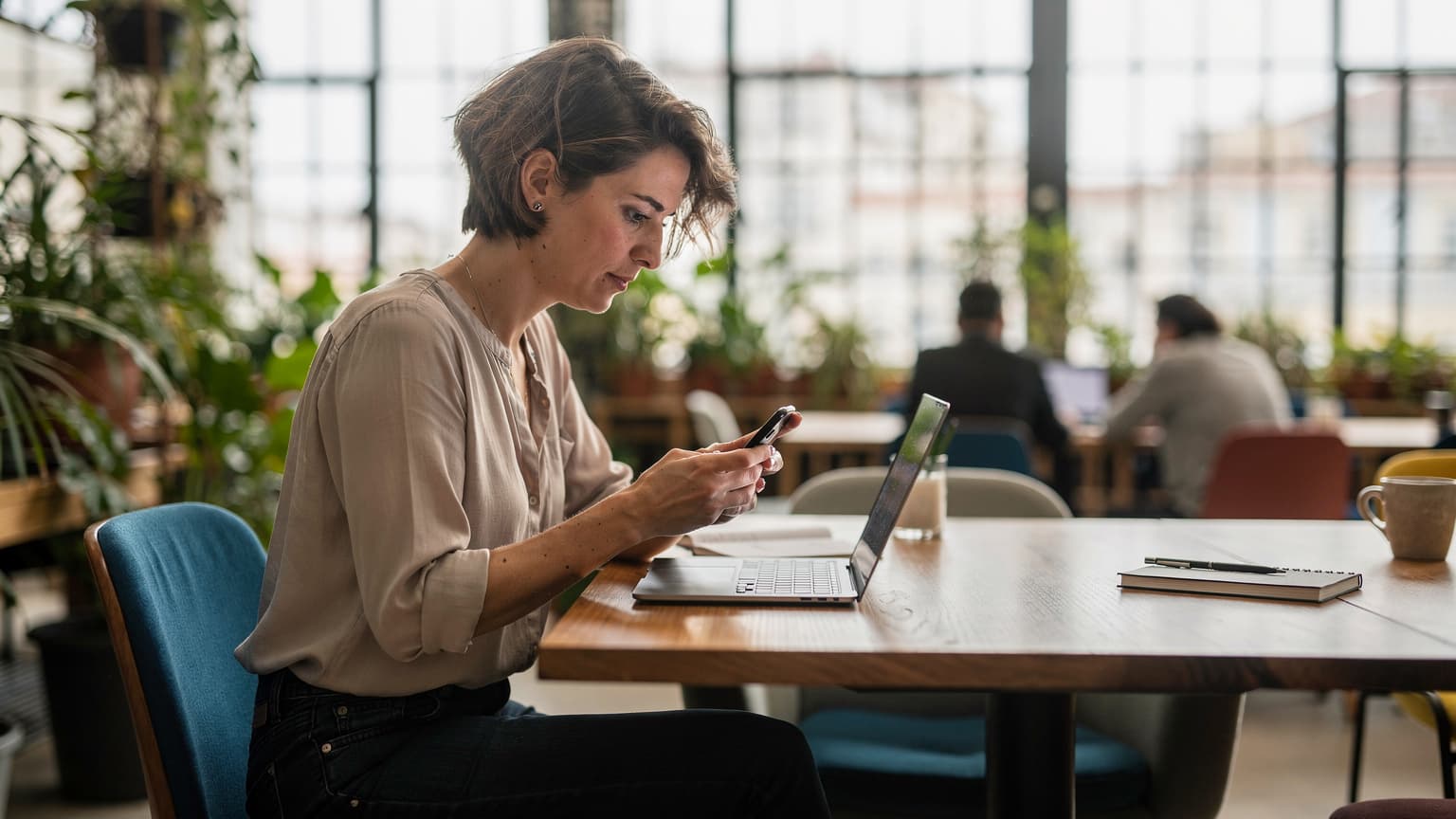 A woman sits at a wooden table in a busy co-working space in Lisbon, Portugal, looking at her smartphone with a focused expression, a half-empty coffee cup and an open laptop beside her.