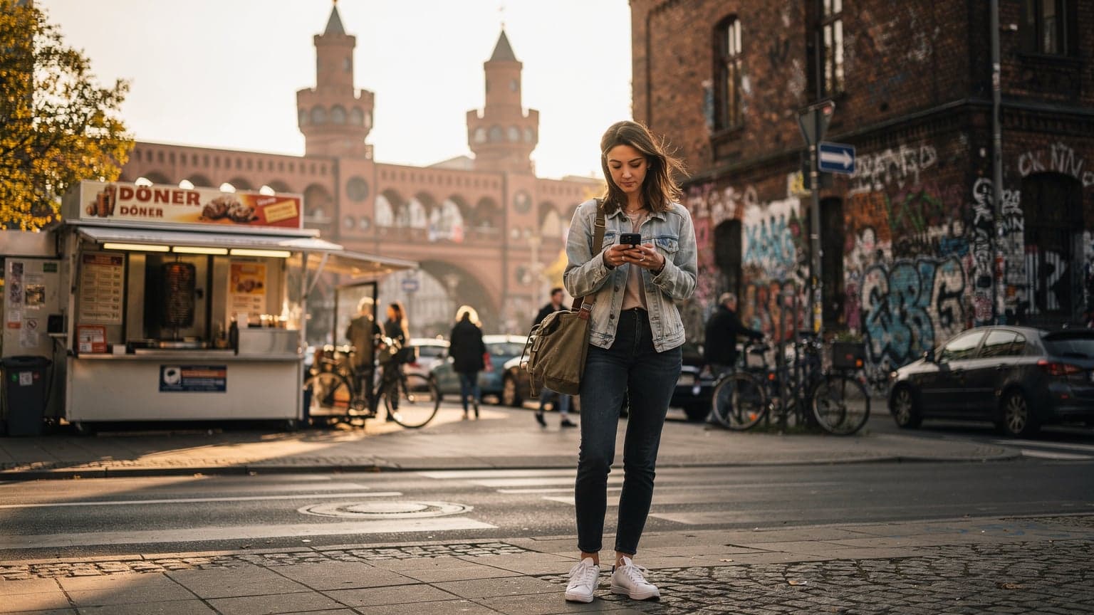 Eine junge Frau mit Rucksack und Smartphone navigiert an einem belebten Platz in Berlin-Kreuzberg, der von historischen Gebäuden und Street-Art gesäumt ist, während sie nach Sehenswürdigkeiten sucht.