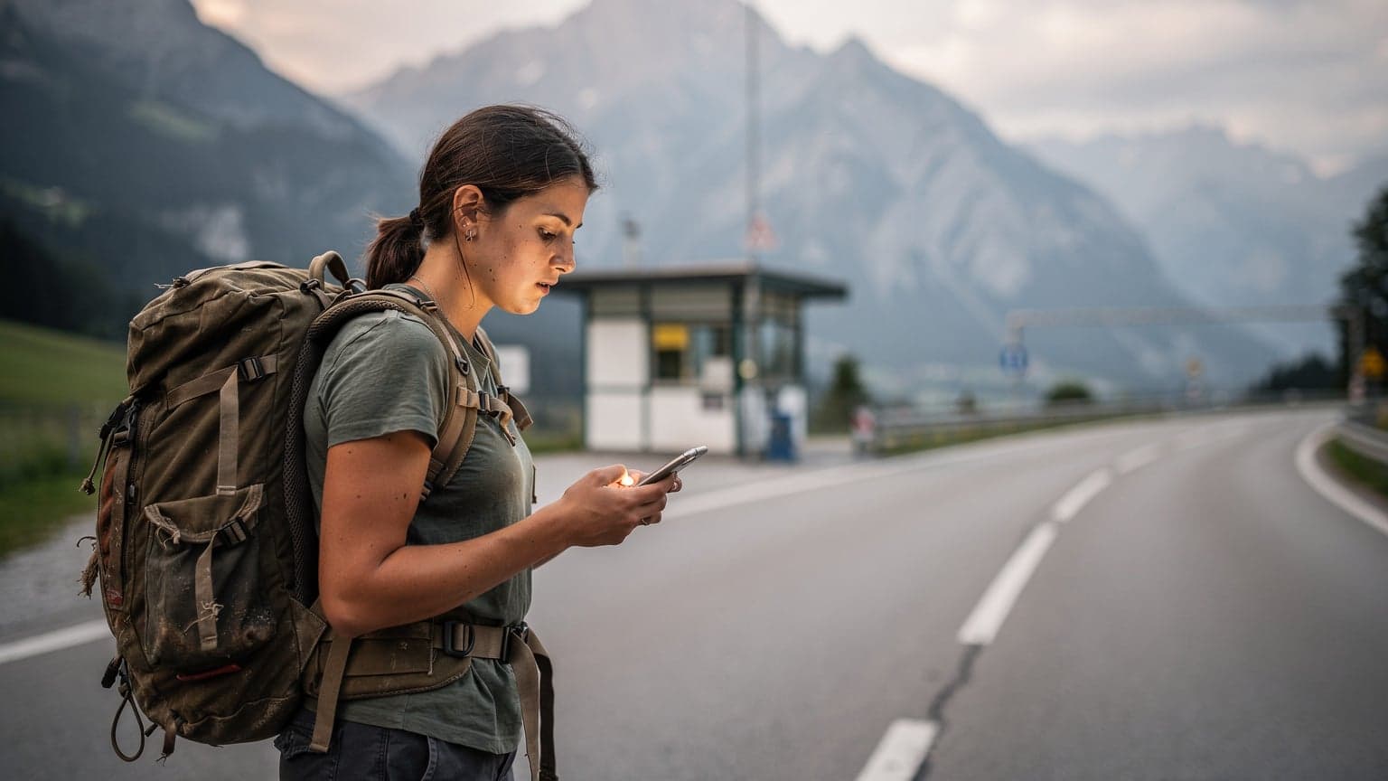 Una giovane donna con uno zaino controlla il suo telefono al confine tra Italia e Svizzera, con le Alpi in lontananza e il cartello della dogana visibile.