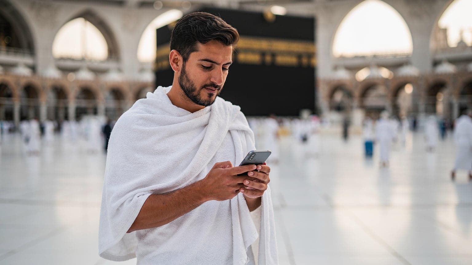 معتمر يتفحص هاتفه الذكي داخل الحرم المكي الشريف، يظهر الكعبة المشرفة في الخلفية، بينما يستخدم eSIM ليبقى متصلاً بعائلته.