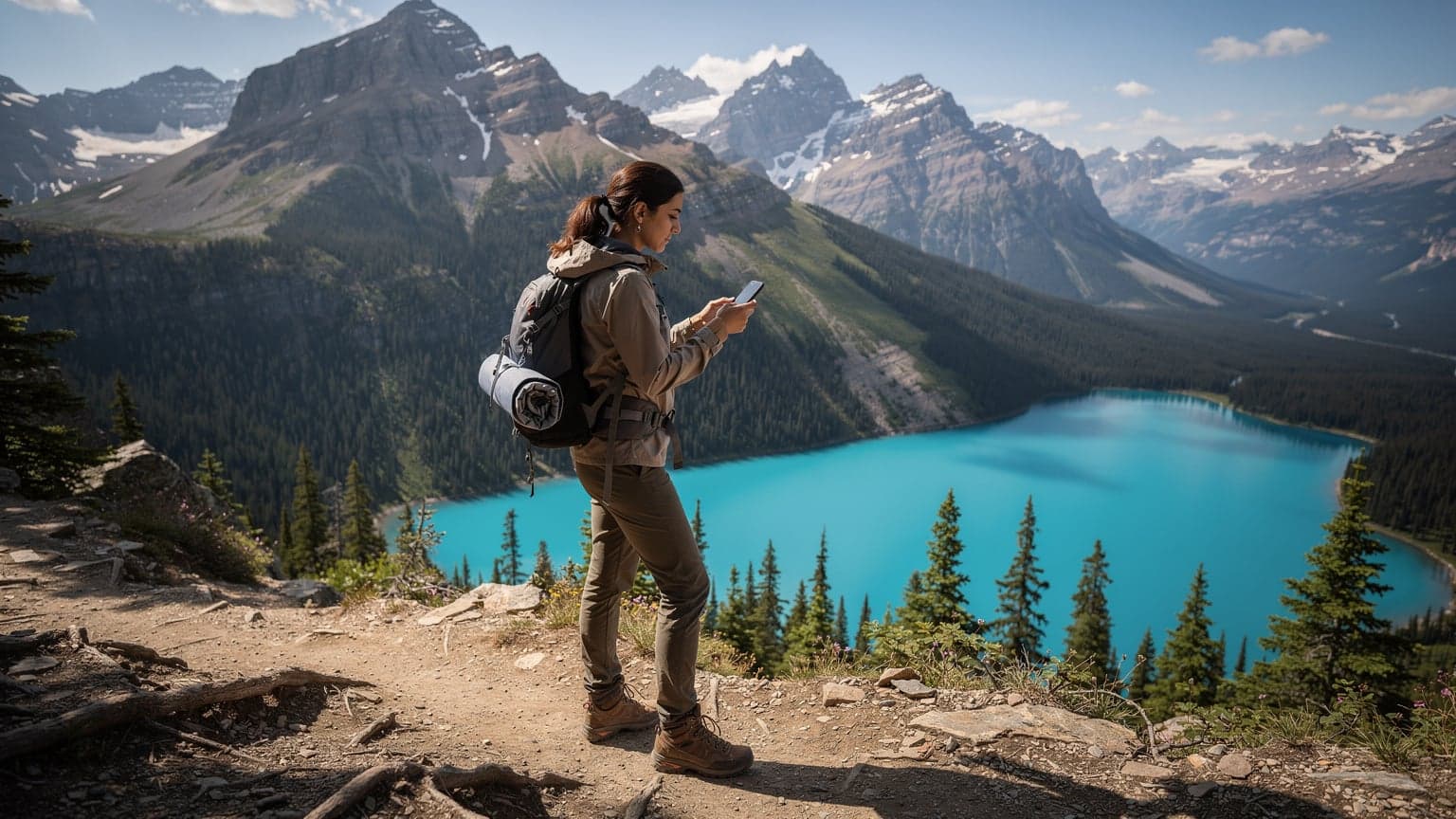 Une femme souriante, habillée pour l'aventure, tient son smartphone en main, vérifiant une carte numérique sur un sentier de randonnée en montagne au Canada, avec un lac aux eaux turquoise et des sommets rocheux en arrière-plan sous un ciel bleu clair.