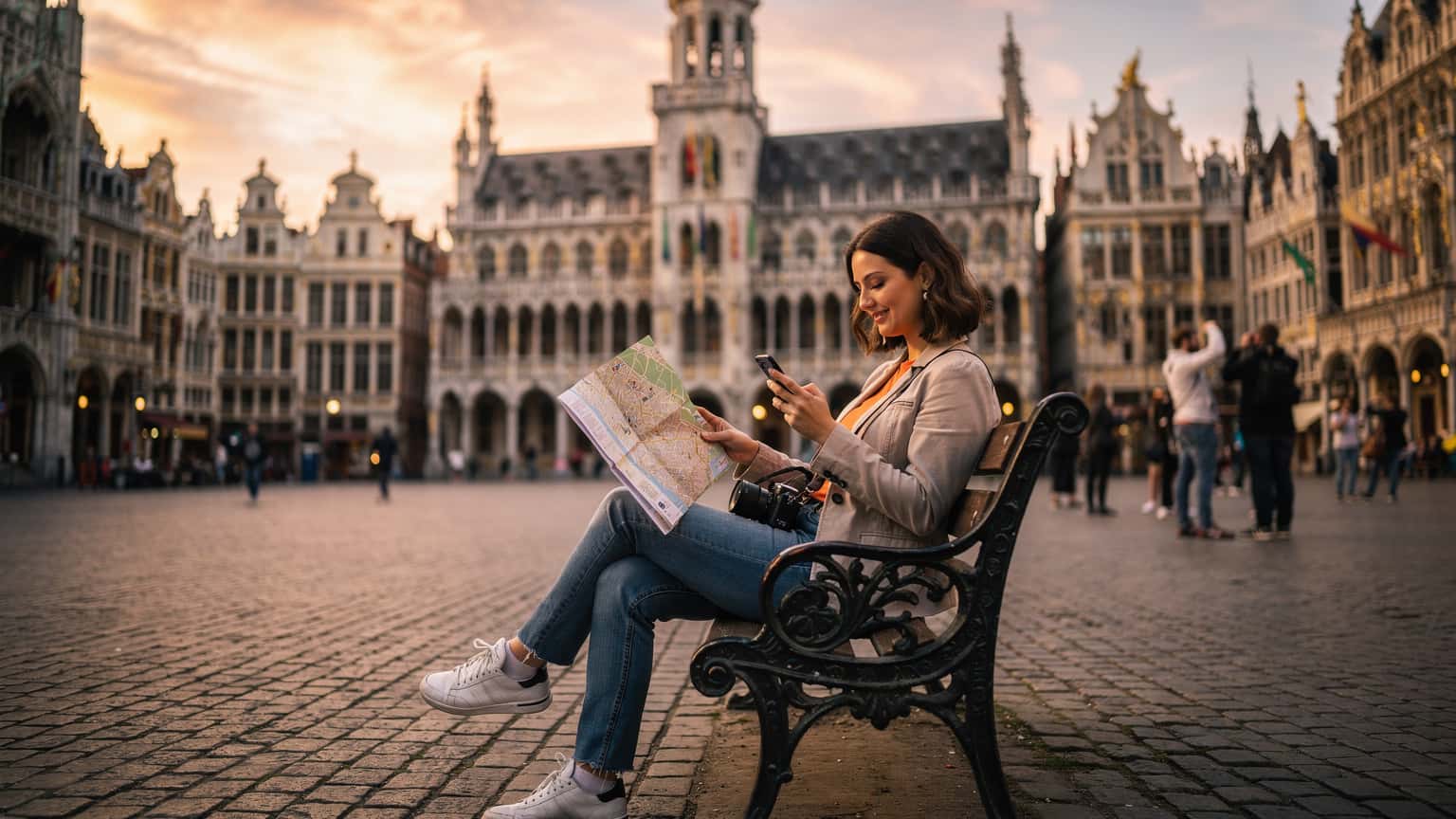 O tânără călătoare, cu o hartă în mână, verificând notificări pe telefonul ei în timp ce stă pe o bancă în Grand Place din Bruxelles, cu arhitectura istorică gotică în fundal, la apus.