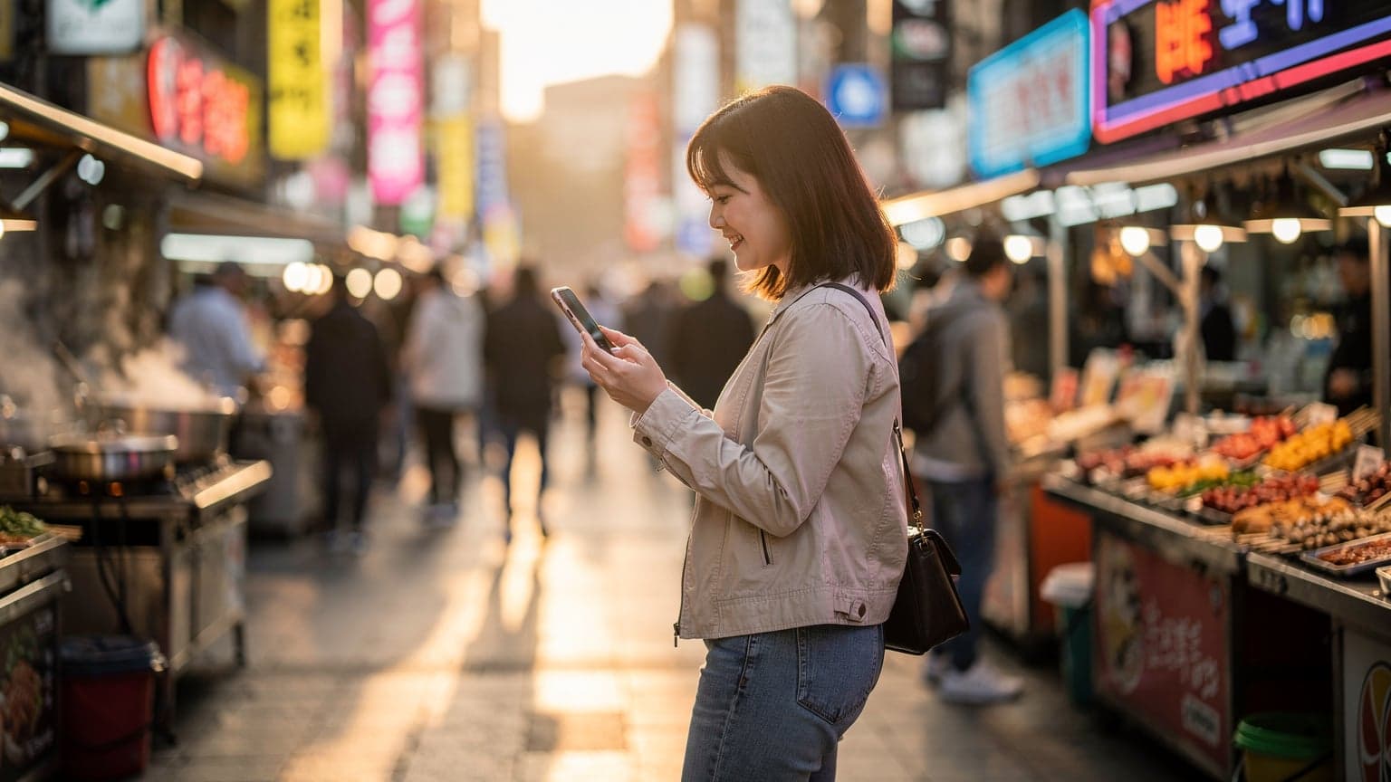 ソウルの明洞ストリートでスマートフォンを操作しながら笑顔で歩く日本人女性旅行者。背景には賑やかな屋台とネオンサインが見える。