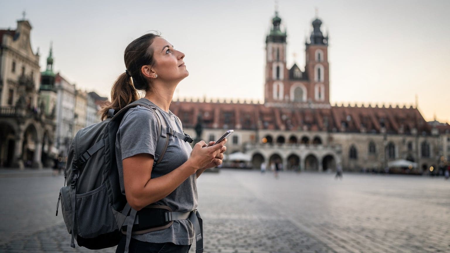Een vrouw met een rugzak kijkt naar een oude architectuur in Krakau, Polen, met een mobiele telefoon in haar hand.