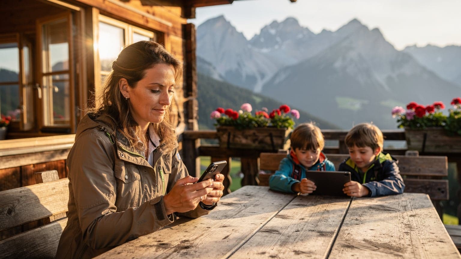 Eine Mutter lächelt entspannt, während sie auf ihrem Smartphone die Route für einen Familienausflug in den Garmischer Alpen überprüft, ihre beiden Kinder spielen auf einem Tablet im Hintergrund.