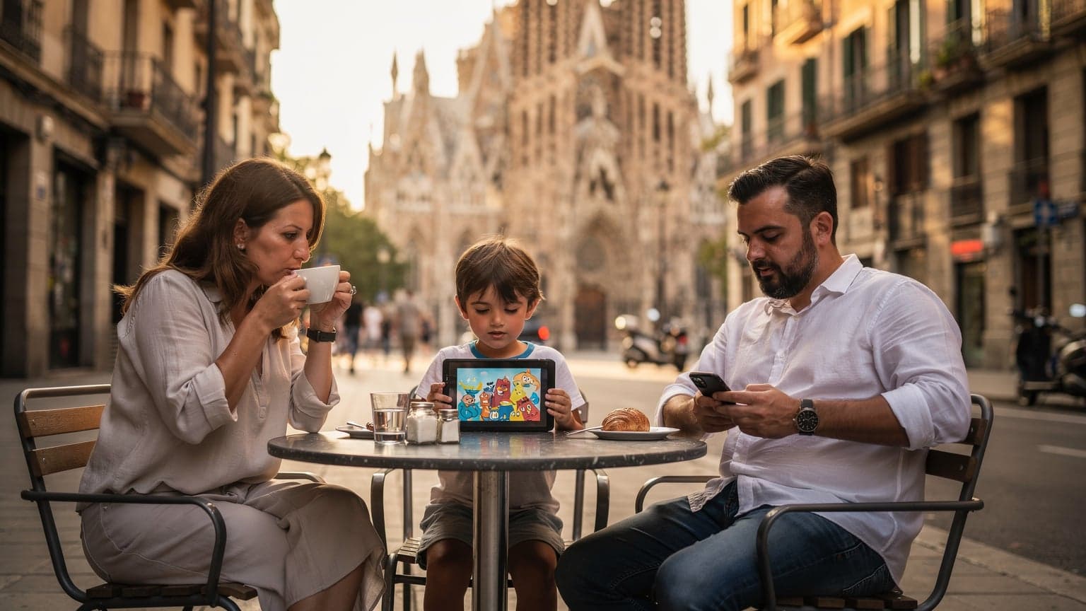 Barselona'da güneşli bir öğleden sonra, Sagrada Familia manzaralı bir kafede oturan, tabletinde çizgi film izleyen bir çocuk ve yanında kahve içen ebeveynler.