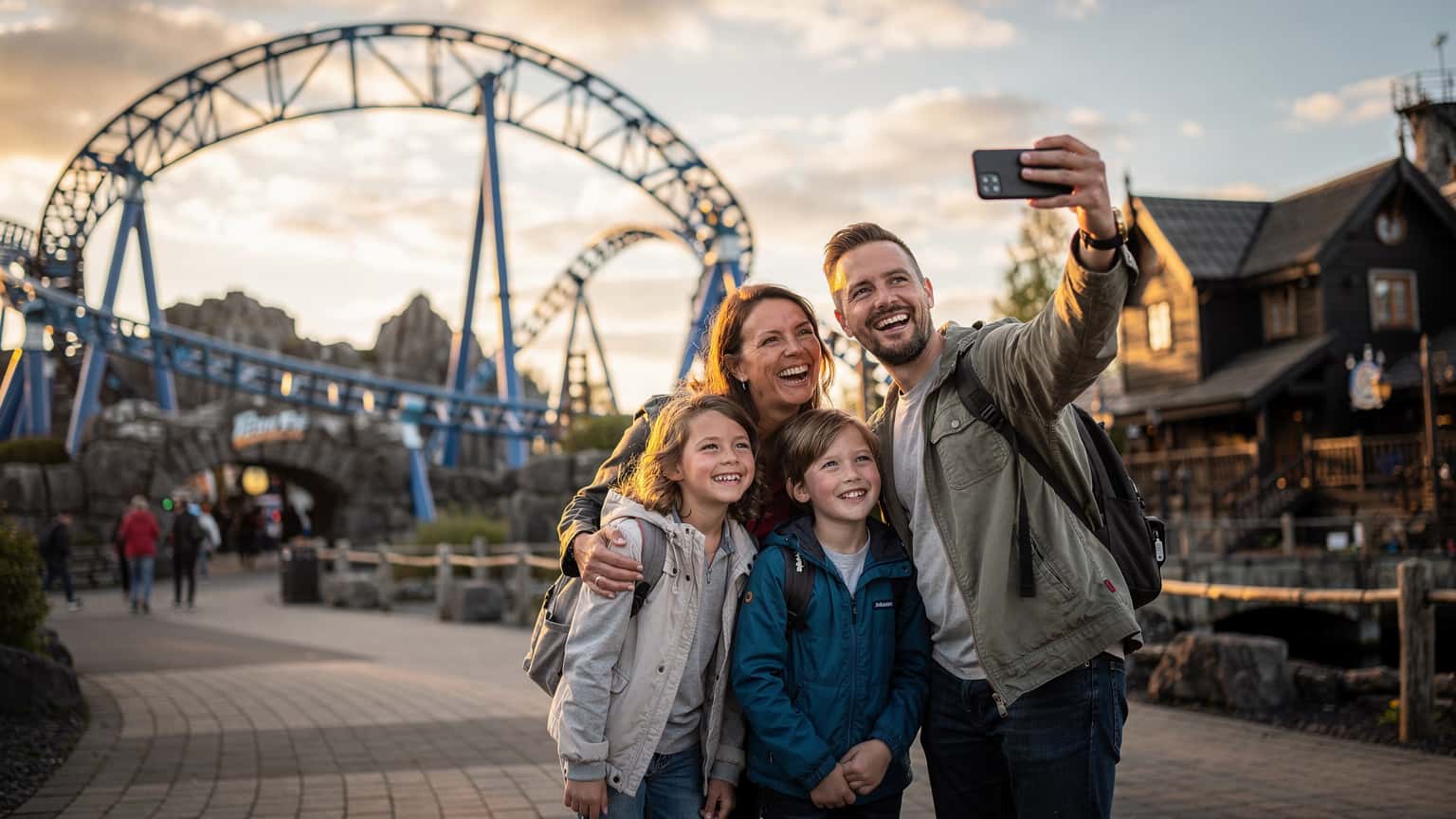 Eine Familie mit lachenden Kindern, die ein Smartphone hochhält, um ein Foto vor der Kulisse der Blue Fire Megacoaster-Achterbahn im Europa-Park zu machen, während die Sonne im späten Nachmittag über dem Park untergeht.