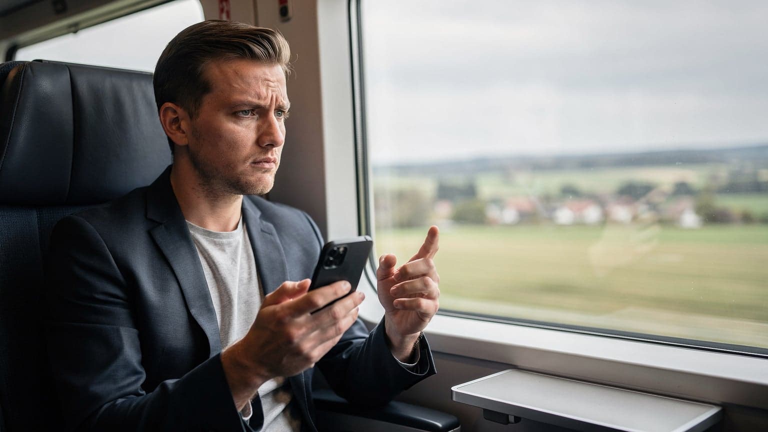 Eine Person blickt nachdenklich aus dem Fenster eines fahrenden ICEs, während das Smartphone in der Hand eine instabile Netzwerkverbindung anzeigt.