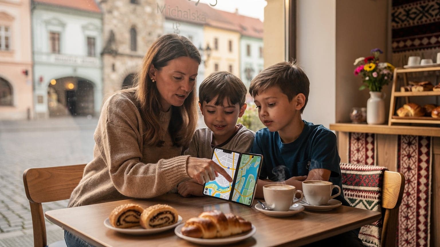 Matka s dvoma deťmi prehliada mapu na Samsung Galaxy Z Fold 8 v rušnej bratislavskej kaviarni s výhľadom na Michalskú bránu.