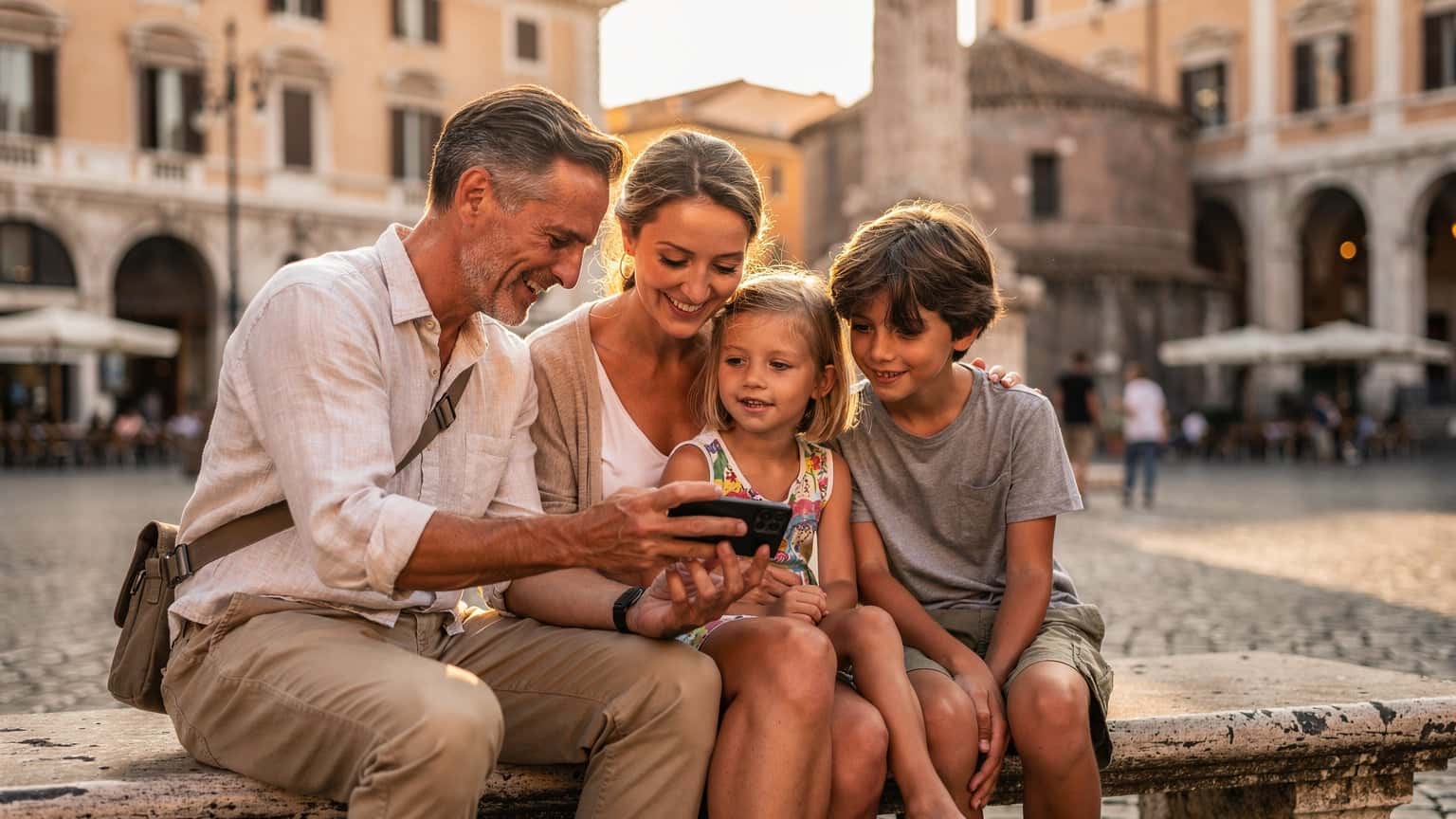 A family, including two children, looking at a smartphone screen together while sitting on a bench in front of the Colosseum in Rome, Italy, during a warm afternoon.