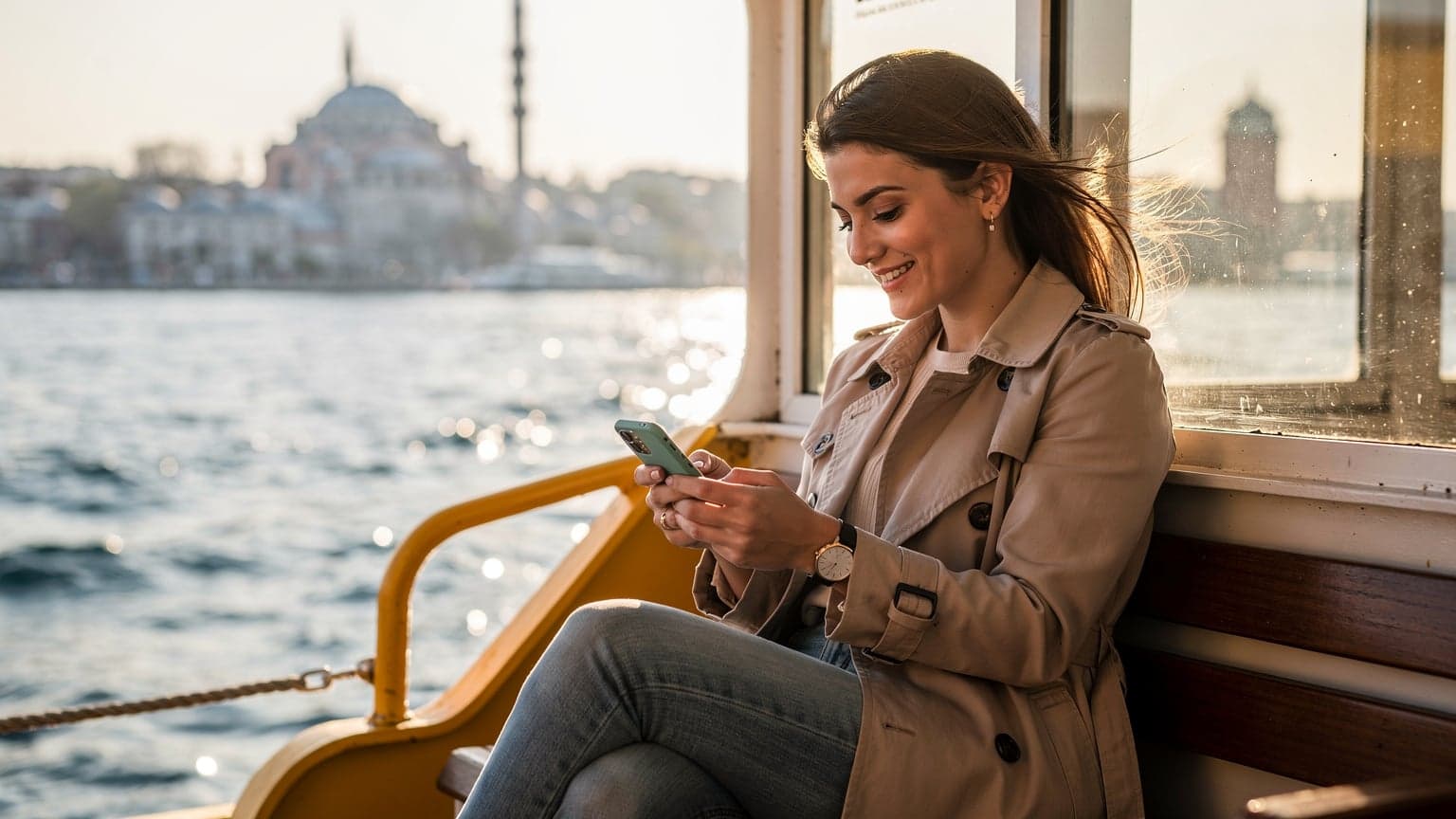 İstanbul Boğazı'nda bir vapurda oturan, elinde akıllı telefonuyla WhatsApp mesajlarını kontrol eden genç bir kadın.