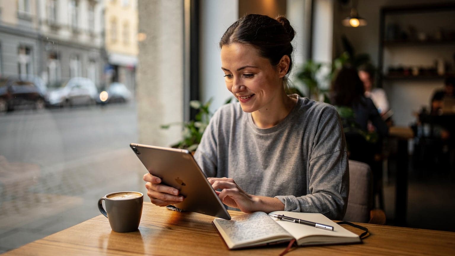 Eine digitale Nomadin sitzt in einem gemütlichen Café in Berlin-Kreuzberg und plant ihre nächste Reise auf einem Tablet, während sie einen Kaffee trinkt und ein Notizbuch daneben liegt.