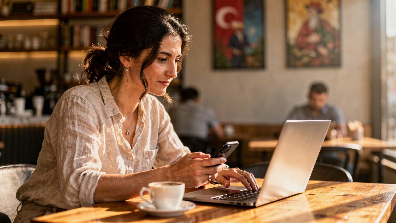 Ayça Demirkan, Ankara'daki bir kafede dizüstü bilgisayarında çalışırken, elinde bir akıllı telefon tutuyor ve ekranındaki Roamless uygulamasını inceliyor.