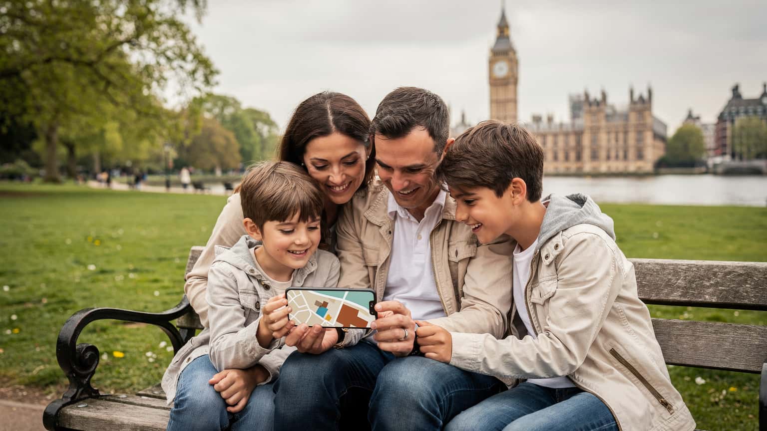 Una famiglia, due adulti e due bambini di età compresa tra 8 e 12 anni, sorride mentre consulta uno smartphone con una mappa digitale, seduta su una panchina in un parco verde con il Big Ben e il Parlamento sullo sfondo, durante una giornata di sole a Londra.