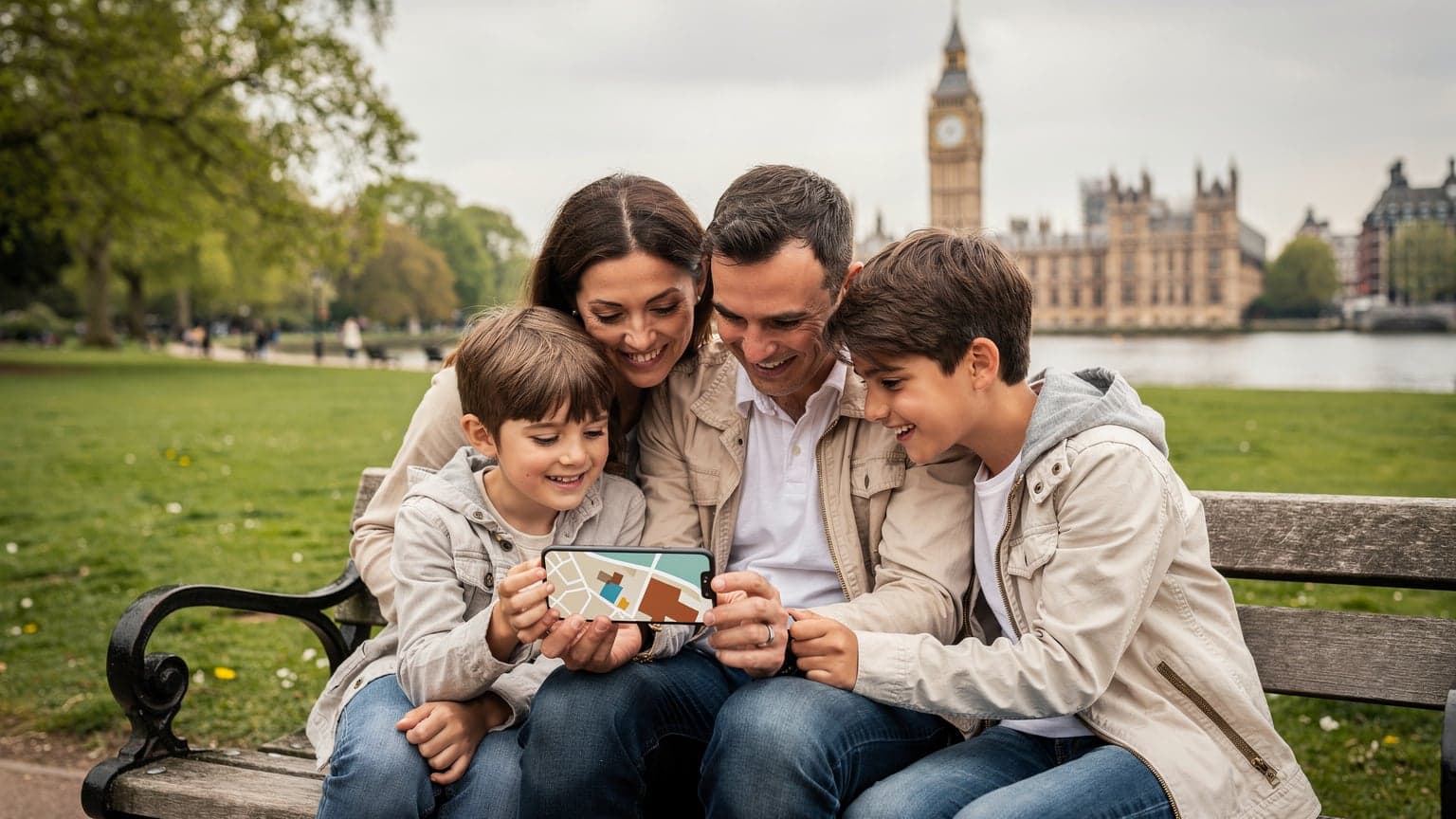 Una famiglia, due adulti e due bambini di età compresa tra 8 e 12 anni, sorride mentre consulta uno smartphone con una mappa digitale, seduta su una panchina in un parco verde con il Big Ben e il Parlamento sullo sfondo, durante una giornata di sole a Londra.