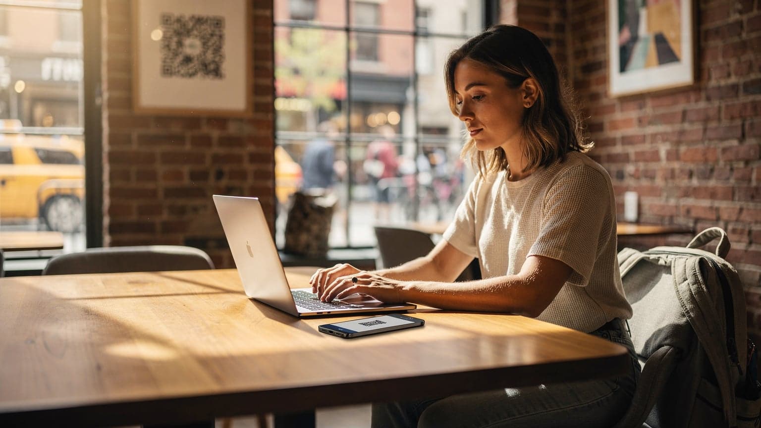 A digital nomad sits at a laptop in a bustling New York City co-working space, a phone with an eSIM activation screen nearby, reflecting the city's dynamic energy.