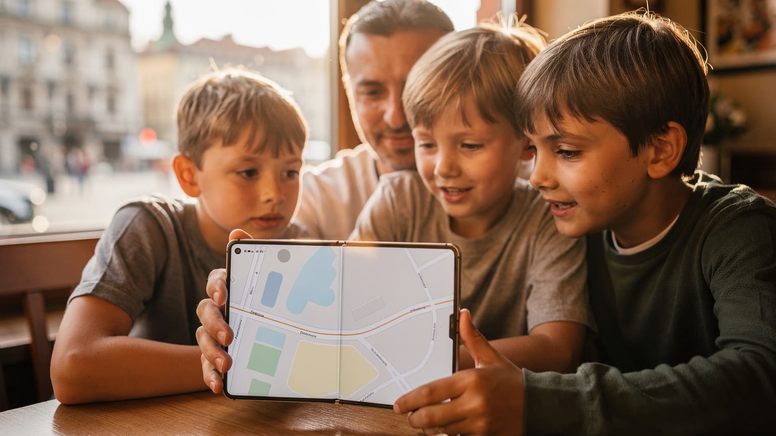 Rodzic z dwójką dzieci przegląda aplikację mapy na otwartym Samsung Galaxy Z Fold 6, siedząc przy stoliku w kawiarni w Krakowie, z widokiem na Rynek Główny.