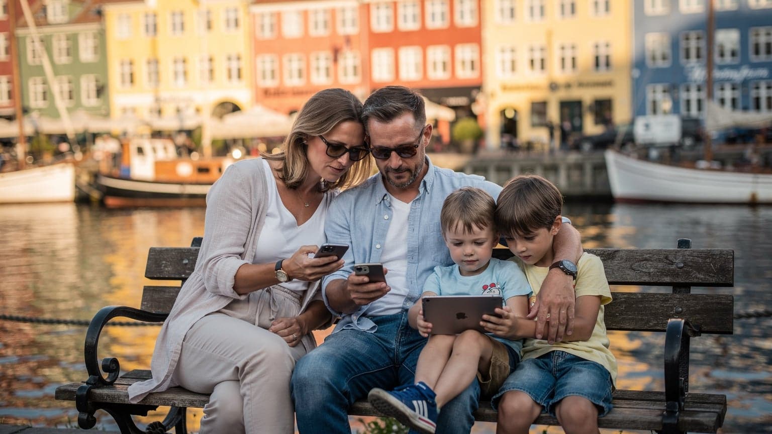 En familj med två barn, cirka 8 och 10 år gamla, sitter på en bänk vid Nyhavn i Köpenhamn. Föräldrarna tittar på sina telefoner medan barnen engagerat kollar på en surfplatta. I bakgrunden syns de färgglada husen och kanalen med båtar.