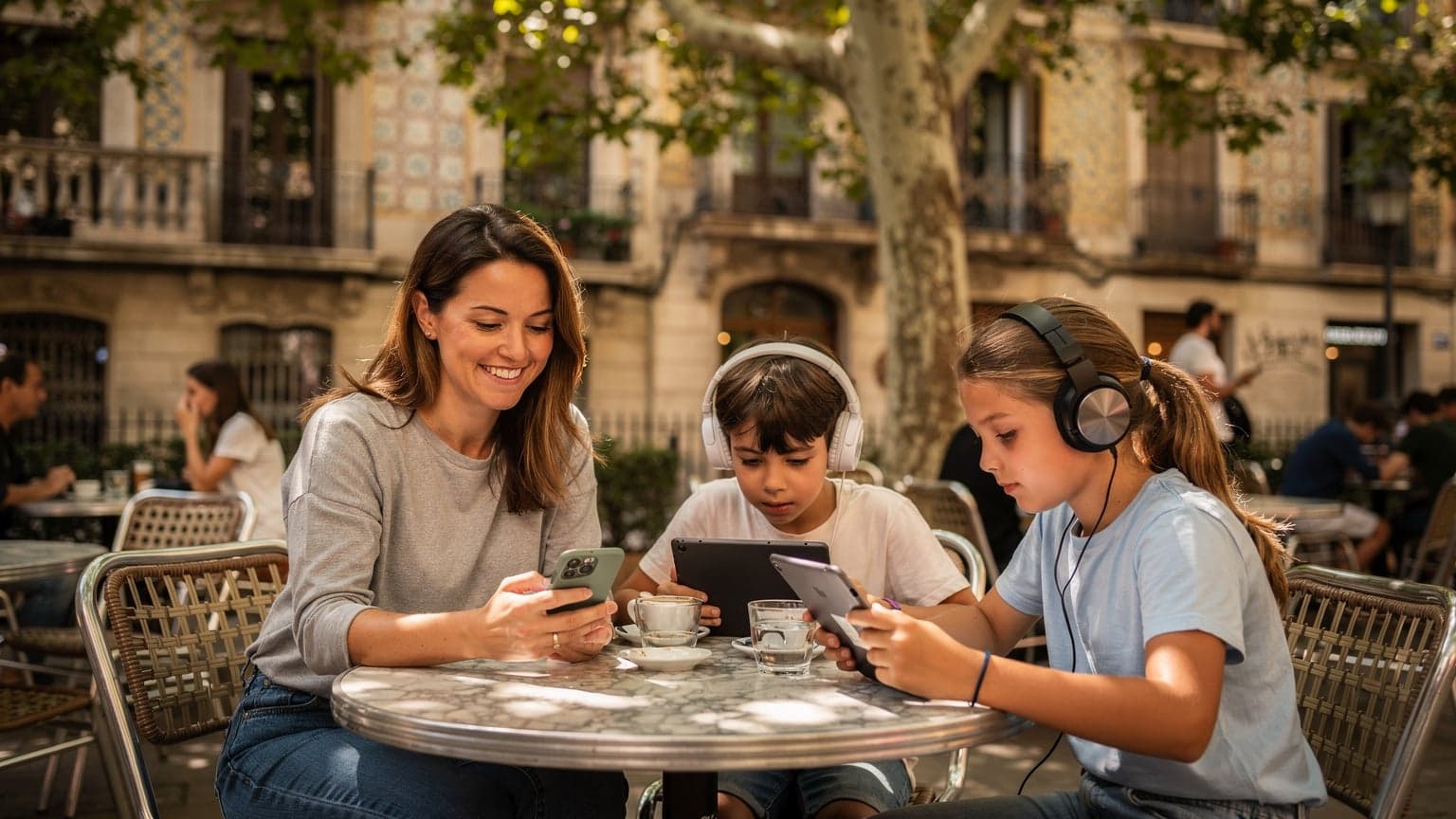 Una madre sonriente con sus dos hijos, uno de 8 y otro de 12 años, sentados en un café al aire libre en Barcelona mientras ella revisa su teléfono con una eSIM activa y los niños están absortos en sus tabletas con auriculares.