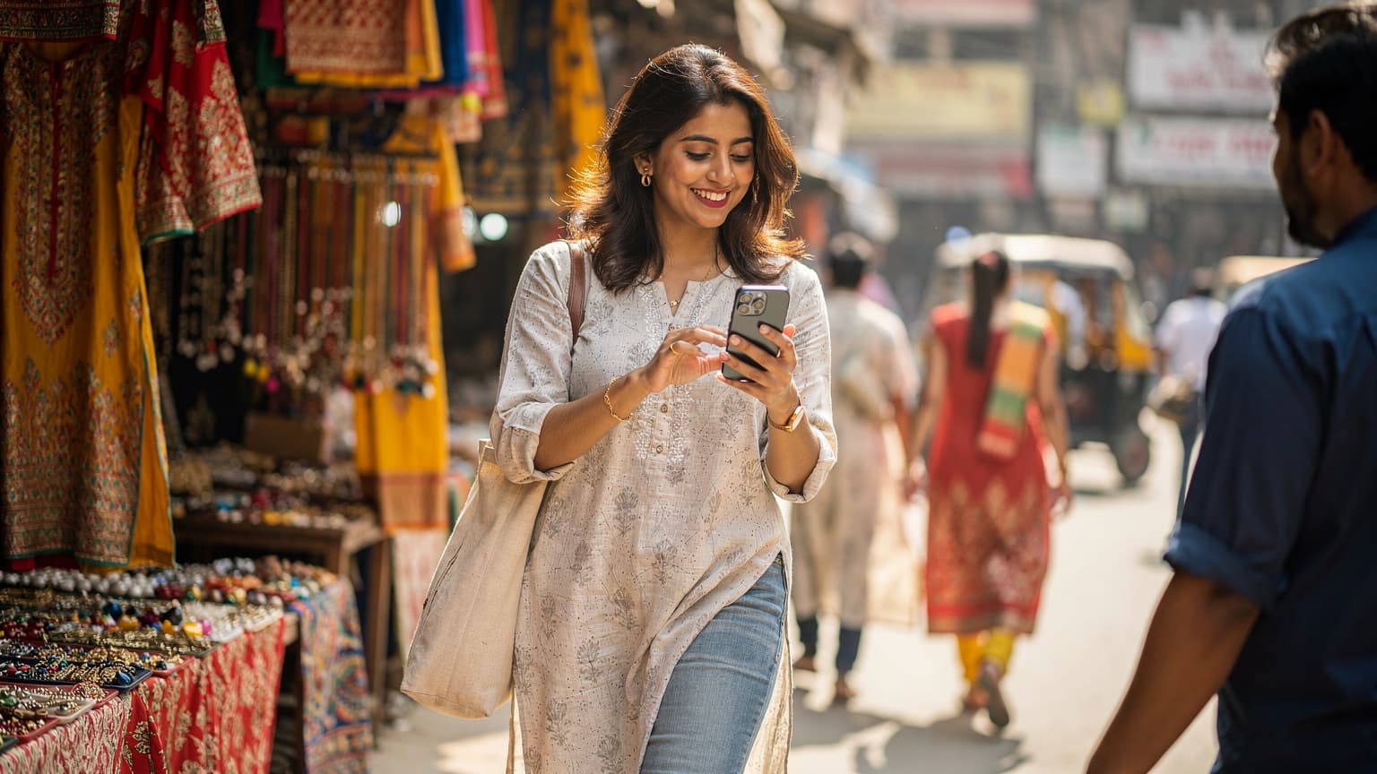 एक महिला नई दिल्ली के जनपथ बाजार में अपने iPhone पर खुशी-खुशी कुछ देख रही है, उसके आस-पास रंगीन दुकानें और भीड़-भाड़ वाला माहौल है।