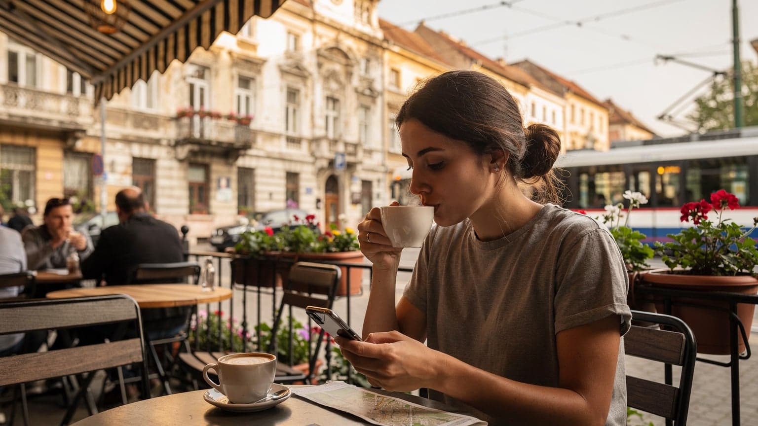 O tânără în vârstă de 30 de ani, cu părul prins într-un coc lejer, stă la o masă pe terasa unei cafenele aglomerate din cartierul Traian, București, savurând o cafea și consultând harta pe un Samsung Galaxy Z Flip 8 deschis, lângă o pereche de ochelari de soare și un jurnal de călătorie.