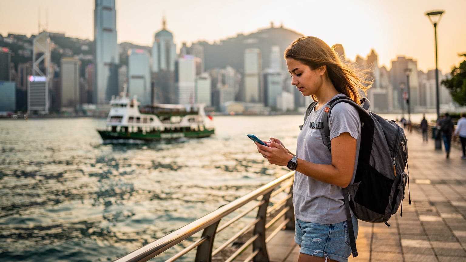 一位年輕女性背包客在香港維多利亞港邊,手持手機查看地圖,背景是天際線和渡輪,陽光灑在她臉上,充滿活力。
