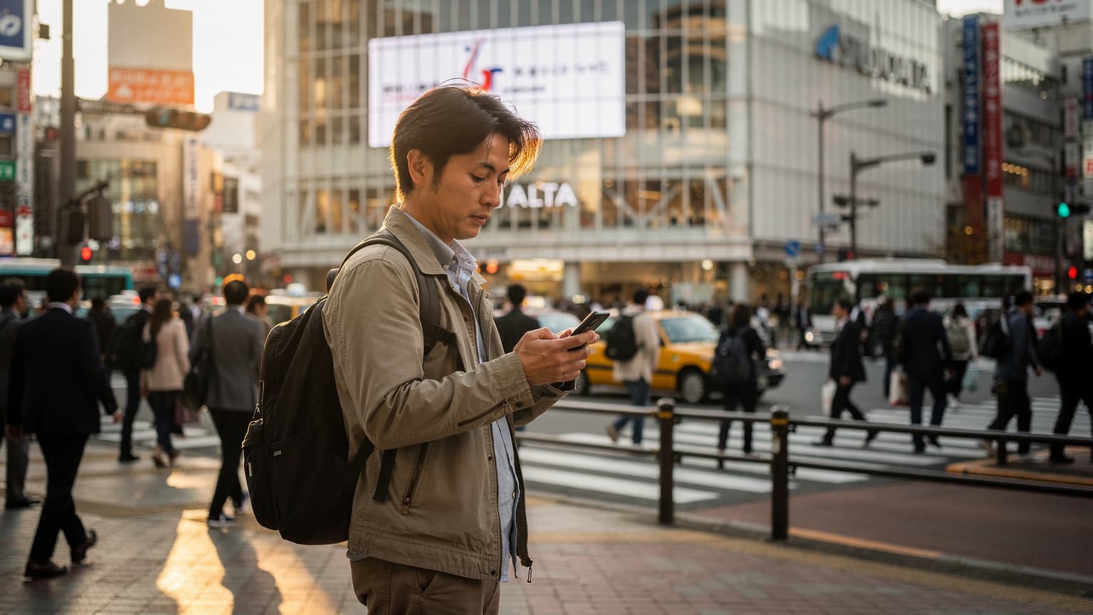 東京の新宿駅前で、多くの人々が行き交う中、スマートフォンを手に地図アプリを見ている日本人旅行者の横顔。背景には高層ビル群が写っている。