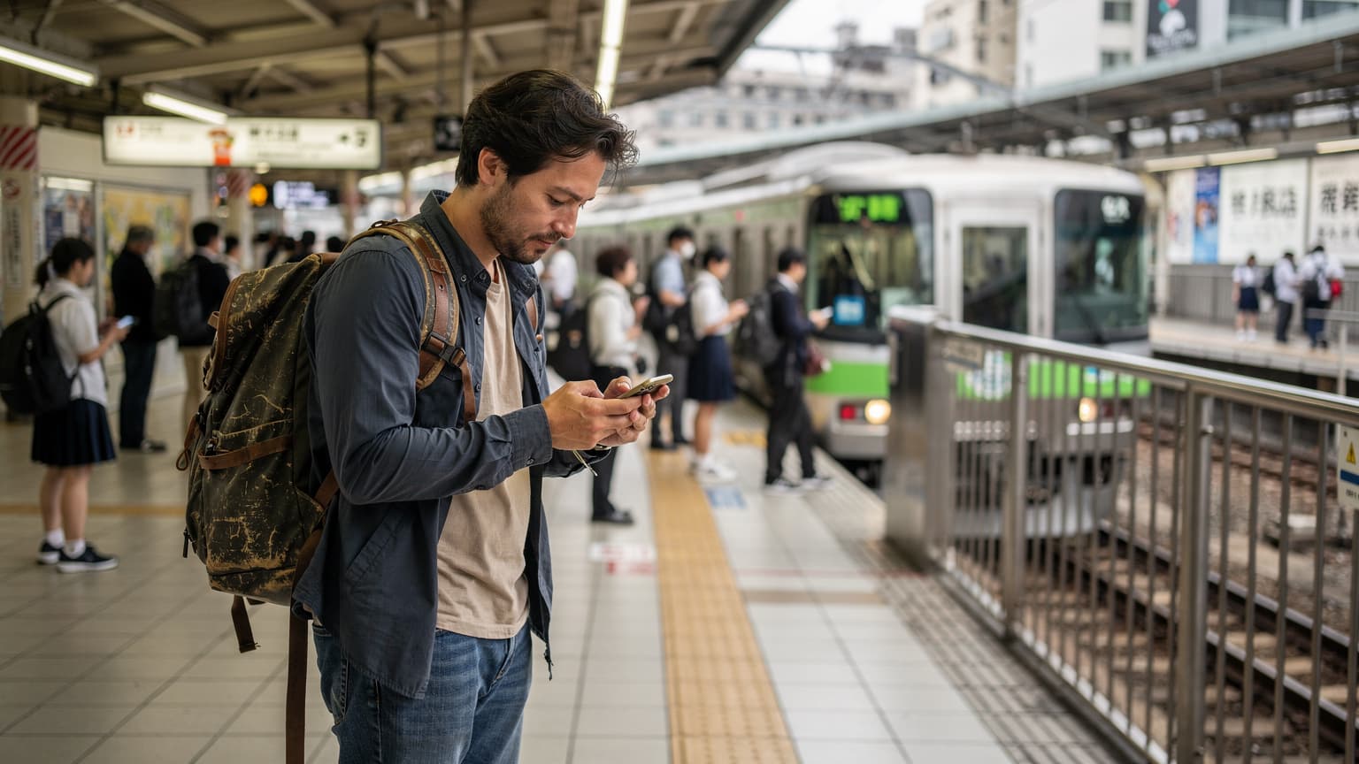 A budget traveler, mid-twenties, with a well-worn backpack and a smartphone, standing on a bustling train platform in Tokyo, checking their phone for directions.