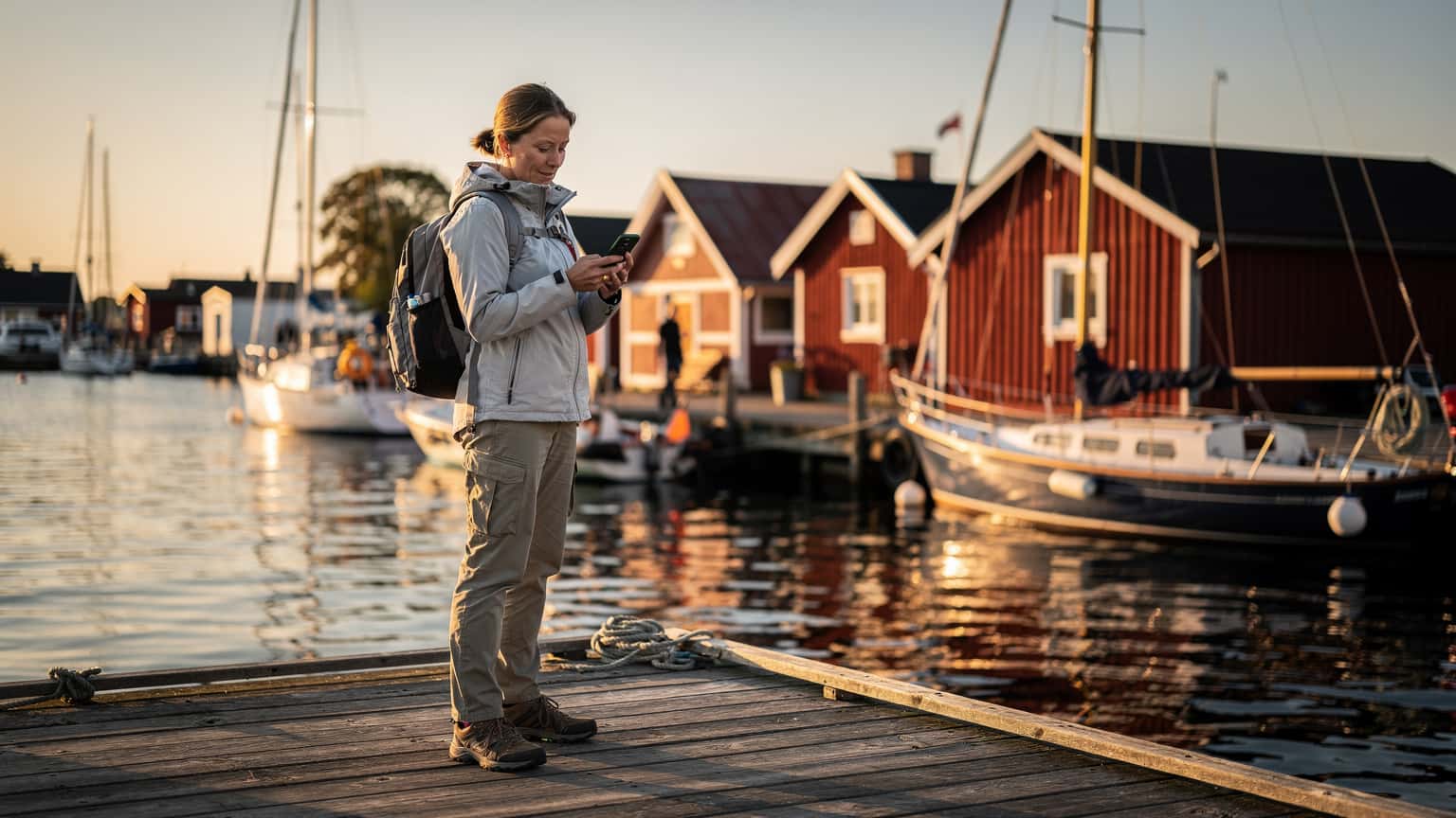 Una persona sta usando il suo smartphone in un tranquillo porto turistico nelle Isole Åland, con piccole imbarcazioni e case di legno rosse sullo sfondo sotto un cielo sereno.