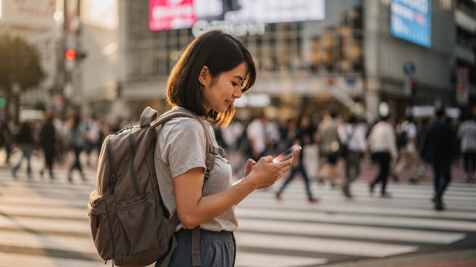 東京の渋谷スクランブル交差点を背景に、iPhoneでeSIM設定を最終確認している若い女性旅行者。