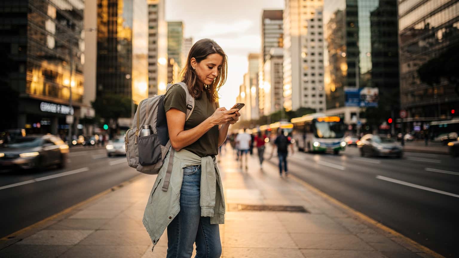 Una viajera, con una mochila ligera, consulta su smartphone en la Avenida Paulista de São Paulo, con el tráfico de fondo y rascacielos modernos.