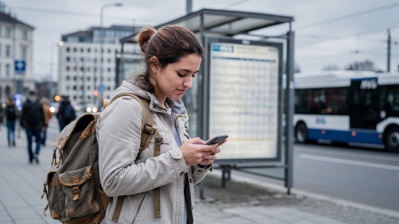Eine junge Frau mit Rucksack prüft auf ihrem Smartphone eine Route, während sie an einer belebten Bushaltestelle in München steht, im Hintergrund ein typischer Stadtbus.
