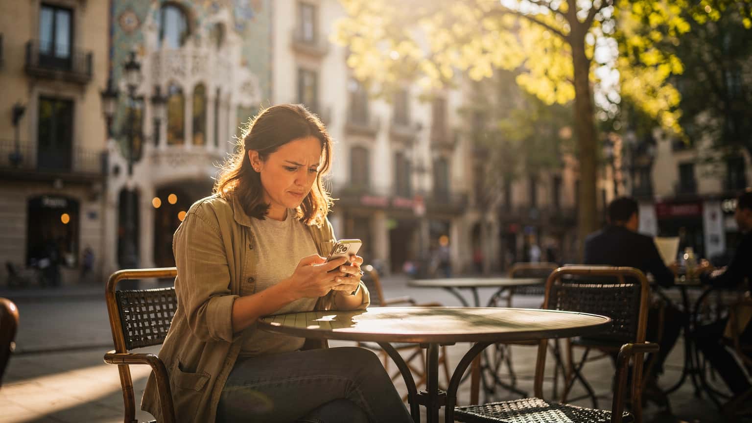 Una mujer con gafas de sol revisa su teléfono en una terraza de un café en el barrio de Gràcia, Barcelona, con edificios modernistas de fondo.