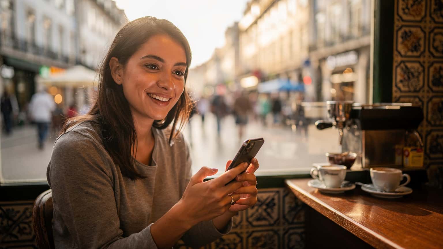 Uma mulher sorridente com um smartphone na mão, sentada em um café histórico no bairro da Baixa, em Lisboa, com a Rua Augusta ao fundo.