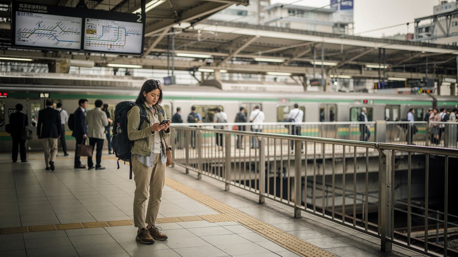 Seorang wanita muda dengan ransel sedang memeriksa ponselnya di platform Stasiun Shinjuku yang ramai di Tokyo, Jepang, dengan papan nama kereta yang khas di latar belakang.