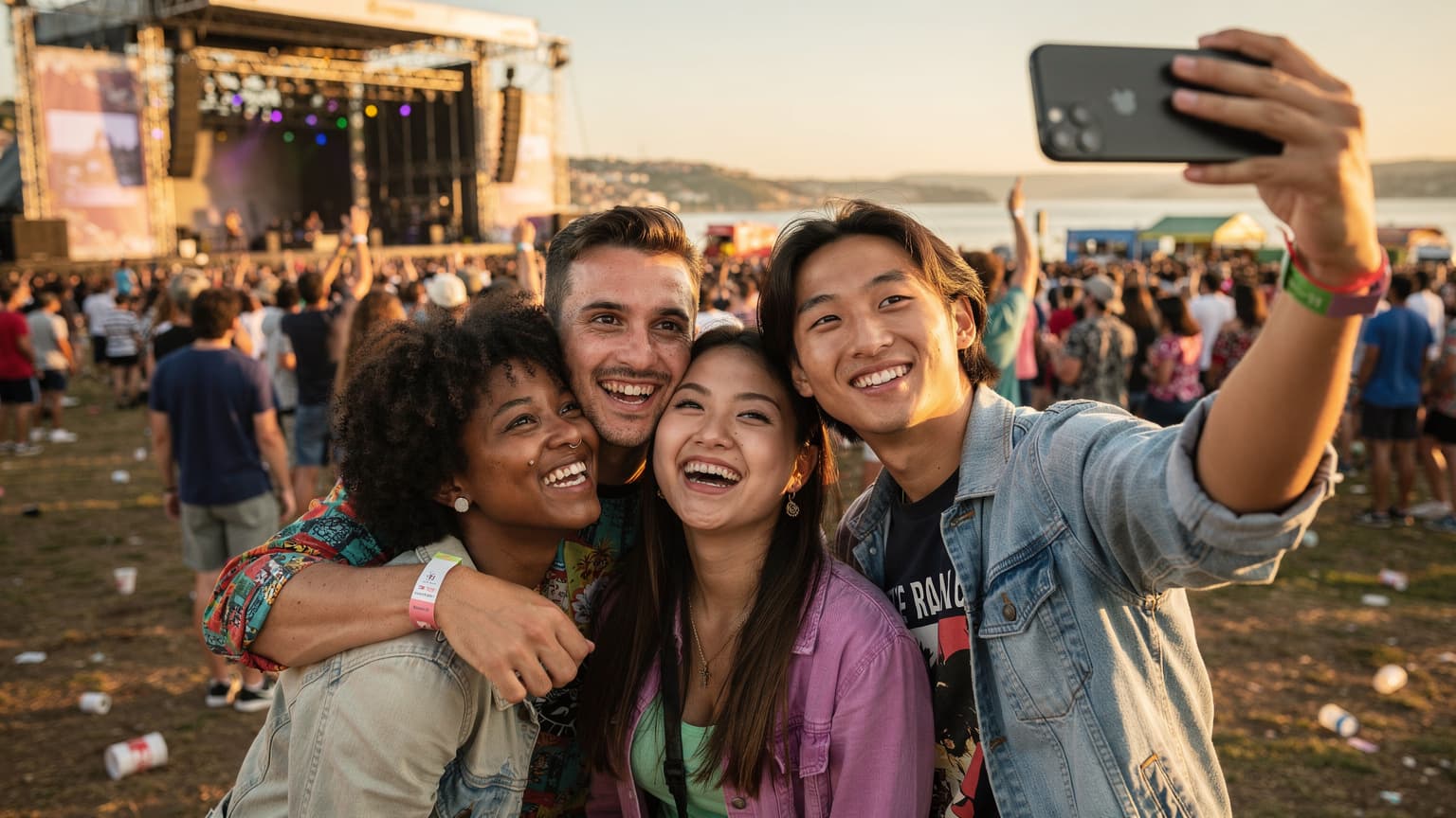 Um grupo de amigos sorrindo e tirando uma selfie com seus telefones em um festival de música à beira-mar durante o pôr do sol, com o palco e a multidão ao fundo.