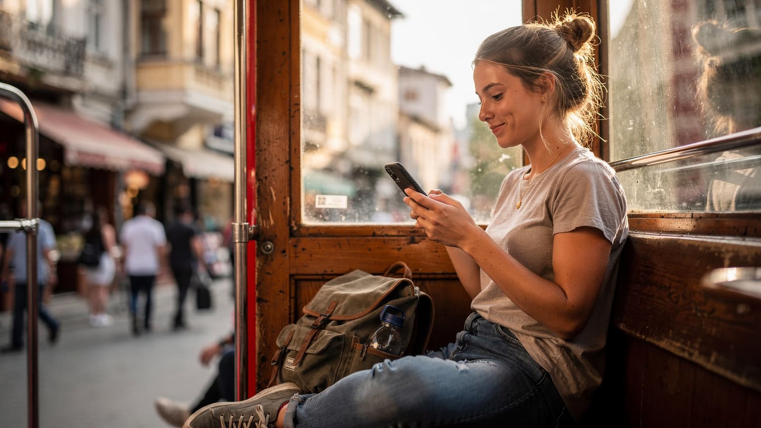 İstanbul'da tarihi bir tramvayda oturan genç bir kadının, camdan dışarı bakarken akıllı telefonunda eSIM QR kodunu taradığı an.