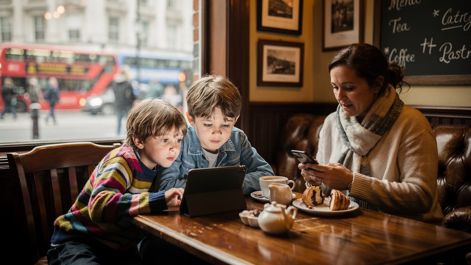 Londra'daki bir kafede pencere kenarında oturan, tabletiyle Disney+ izleyen iki çocuk ve onların yanında telefonundan haritalara bakan bir ebeveyn.