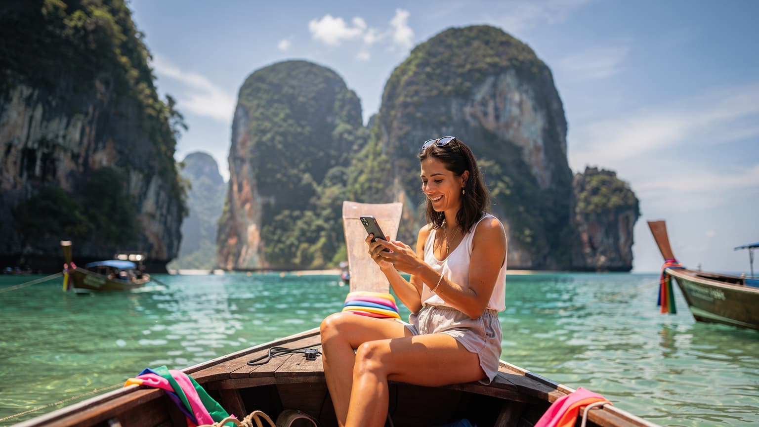 Une voyageuse vérifie son téléphone pour les données eSIM sur un bateau longtail au large de la côte de Railay Beach, Thaïlande, avec des falaises karstiques et une eau turquoise en arrière-plan.