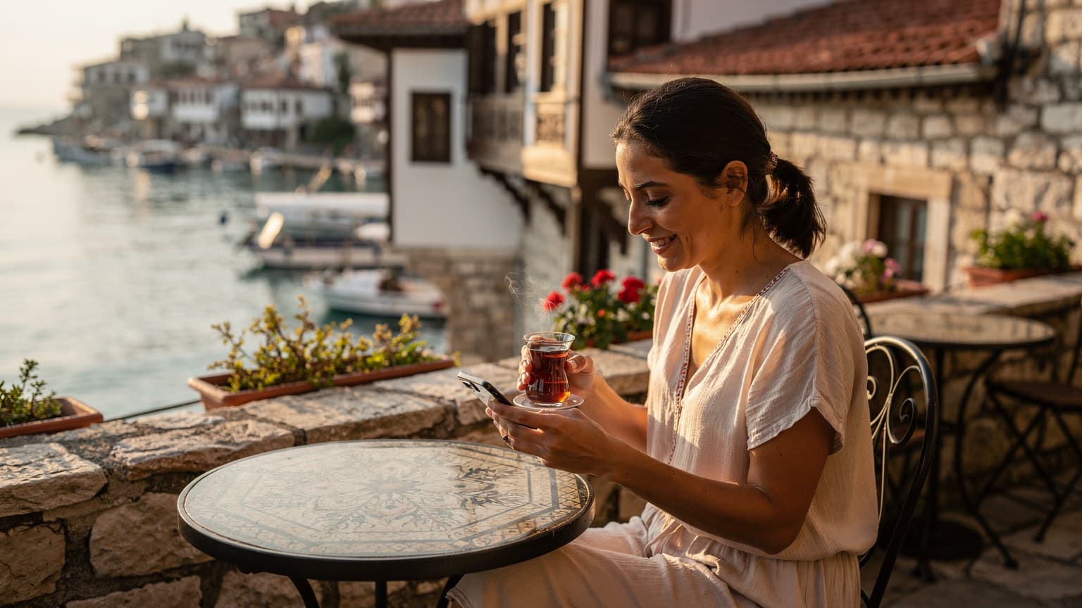 O femeie zâmbește, privind spre telefonul său, în timp ce savurează un ceai turcesc pe o terasă însorită cu vedere la portul vechi din Kaleiçi, Antalya.