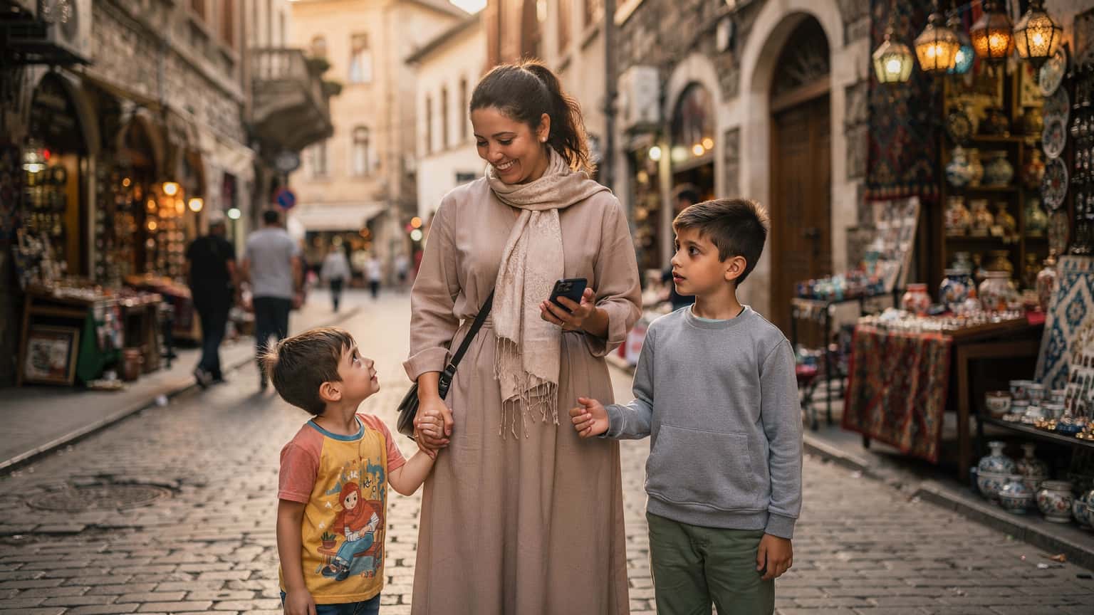 Bir anne, İstanbul'da Kapalıçarşı yakınlarındaki dar bir sokakta, elinde akıllı telefonunu tutarken iki çocuğunun elini tutuyor, gülümseyerek etrafına bakınıyor.