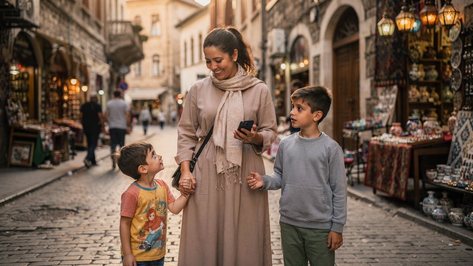 Bir anne, İstanbul'da Kapalıçarşı yakınlarındaki dar bir sokakta, elinde akıllı telefonunu tutarken iki çocuğunun elini tutuyor, gülümseyerek etrafına bakınıyor.