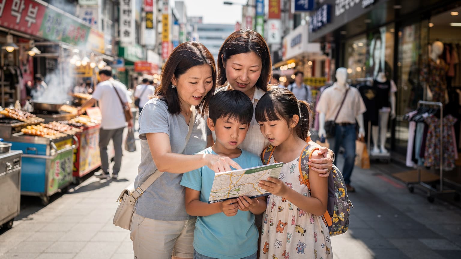 ソウルの明洞で、母親が子どもと一緒にスマートフォンを片手に地図アプリを見ている様子。周囲には活気ある屋台やショップが並び、賑やかな雰囲気。
