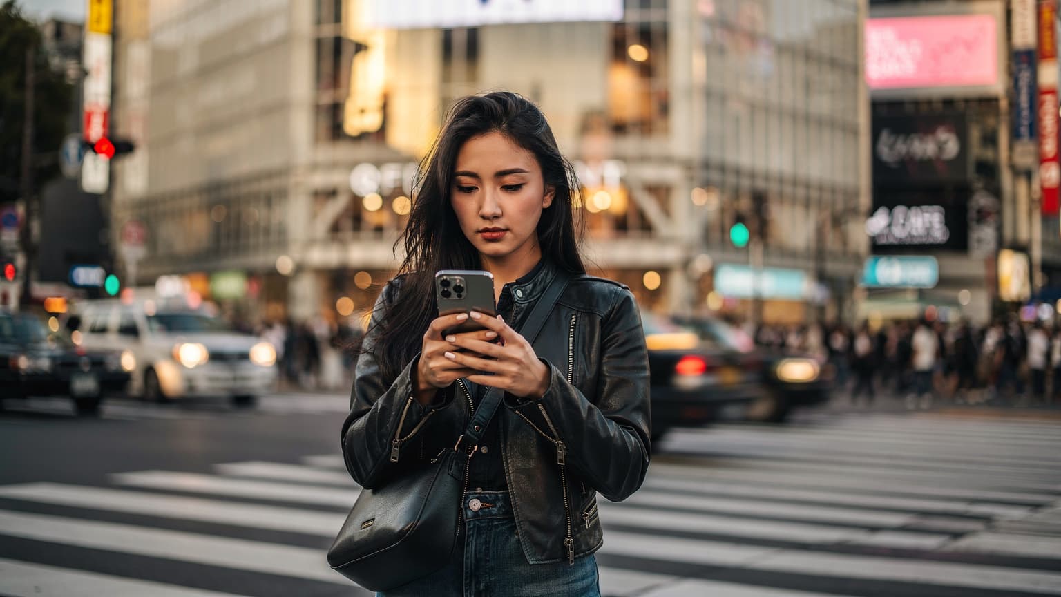 一名香港年輕女性在東京澀谷街頭,手持iPhone 15 Pro Max,屏幕顯示eSIM設置介面,背景是繁忙的十字路口和電車線。