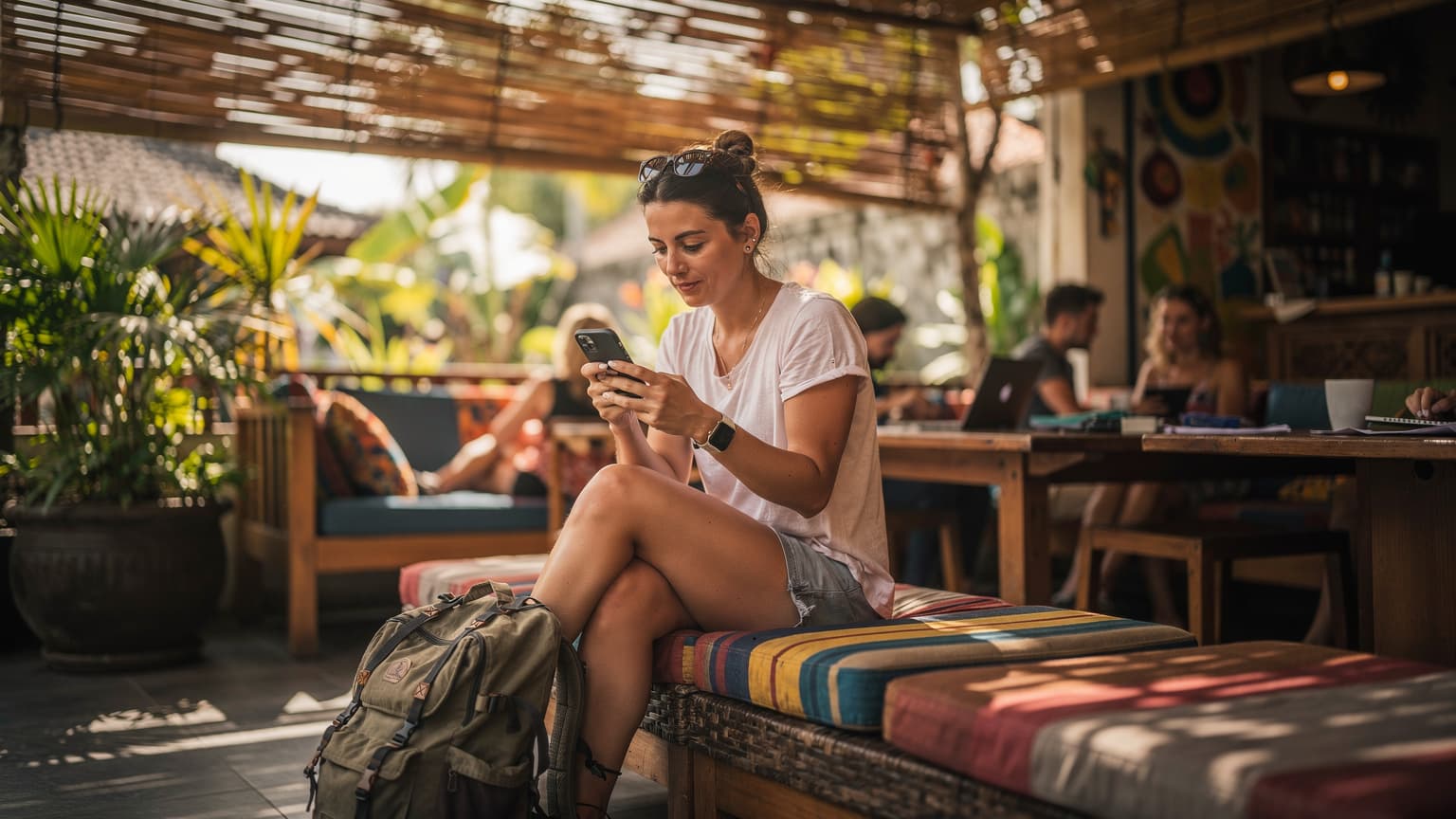 Seorang backpacker wanita sedang mengecek ponselnya di teras hostel yang ramai di area Seminyak, Bali, saat pagi hari yang cerah.