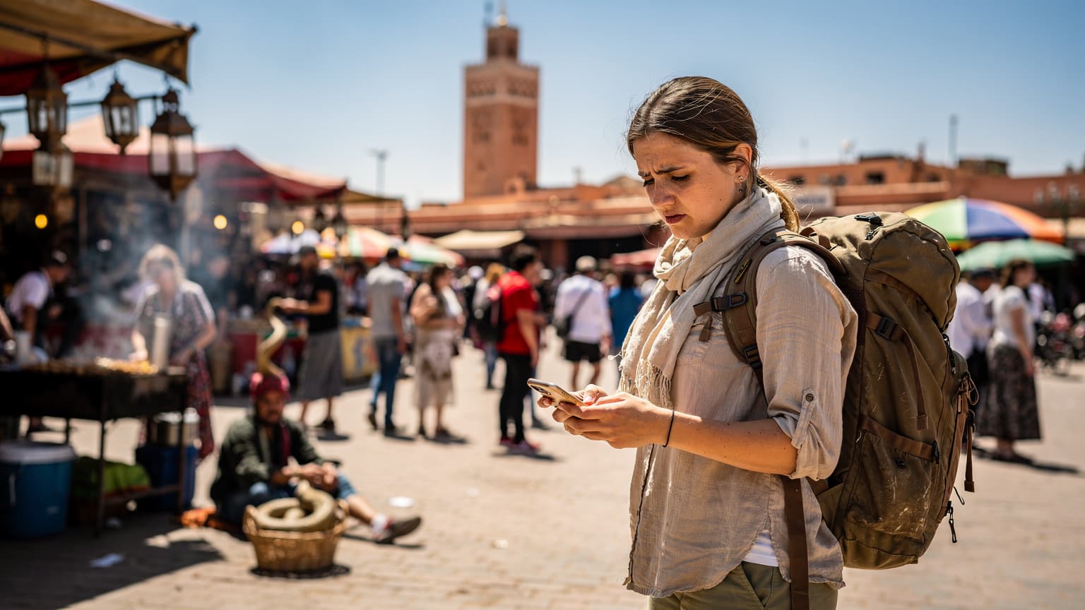Młoda kobieta z plecakiem, wpatrująca się w ekran smartfona z widokiem na zatłoczony plac Djemaa el-Fna w Marrakeszu, z meczetem Koutoubia w tle.