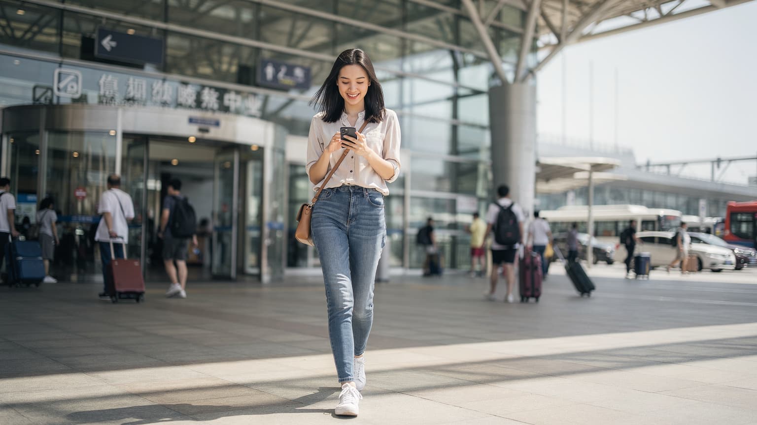 一名香港年輕女性在深圳高鐵站出口,手持智能手機,臉上帶著輕鬆的笑容,背景是繁忙的城市景觀。