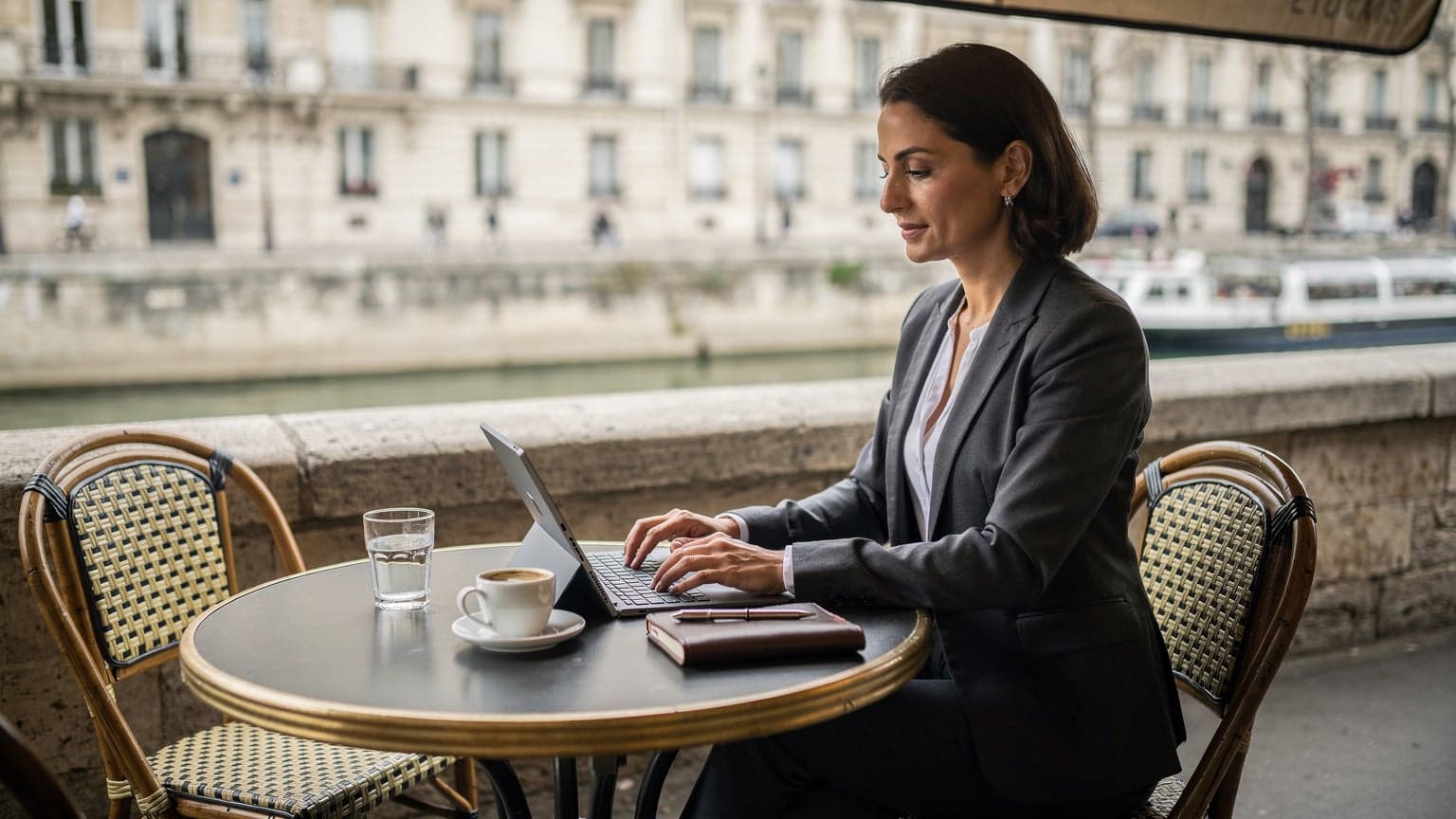 A woman in a stylish business suit works on her Microsoft Surface Pro, which has an eSIM enabled, while sitting at an elegant cafe terrace overlooking the Seine River in Paris during a soft, overcast morning.