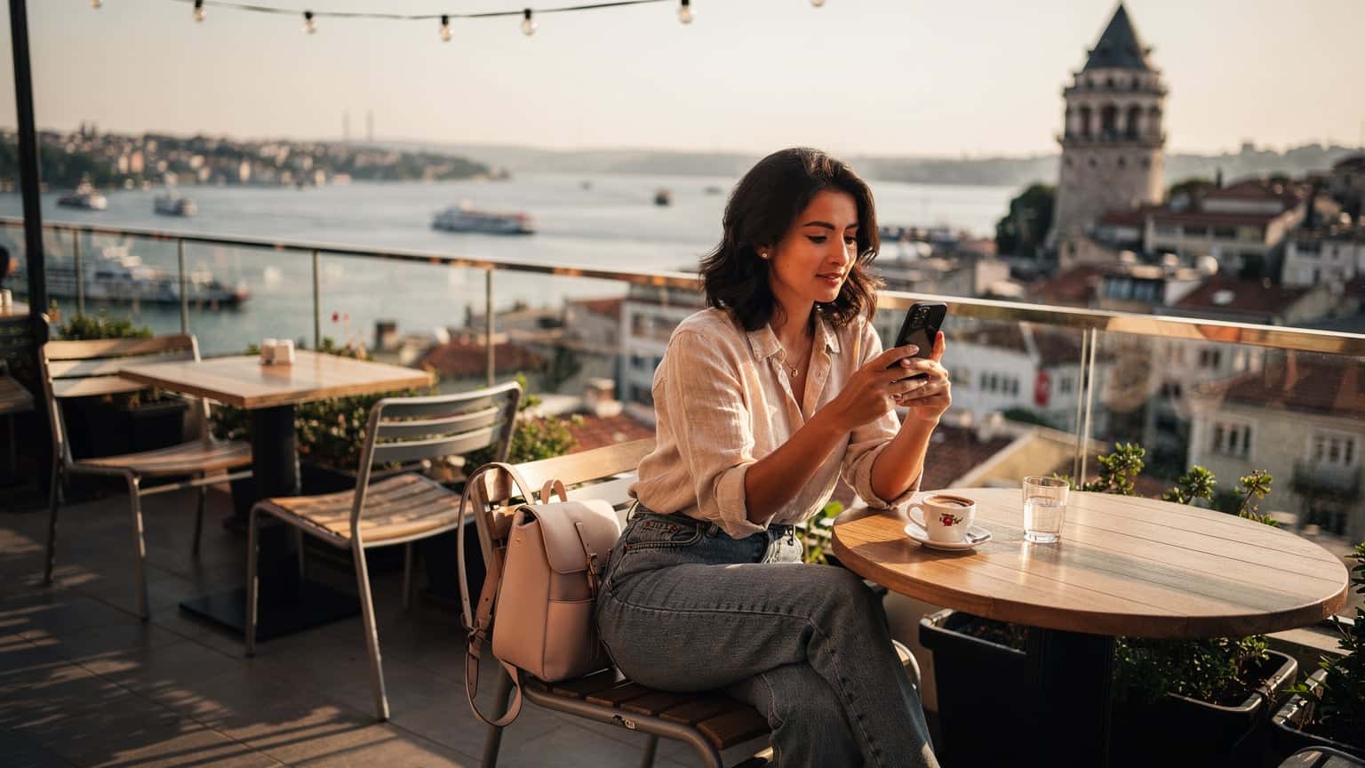 Una viajera activa revisa su teléfono con una eSIM funcionando, sentada en una terraza con vistas al Bósforo en el barrio de Karaköy en Estambul, al atardecer.